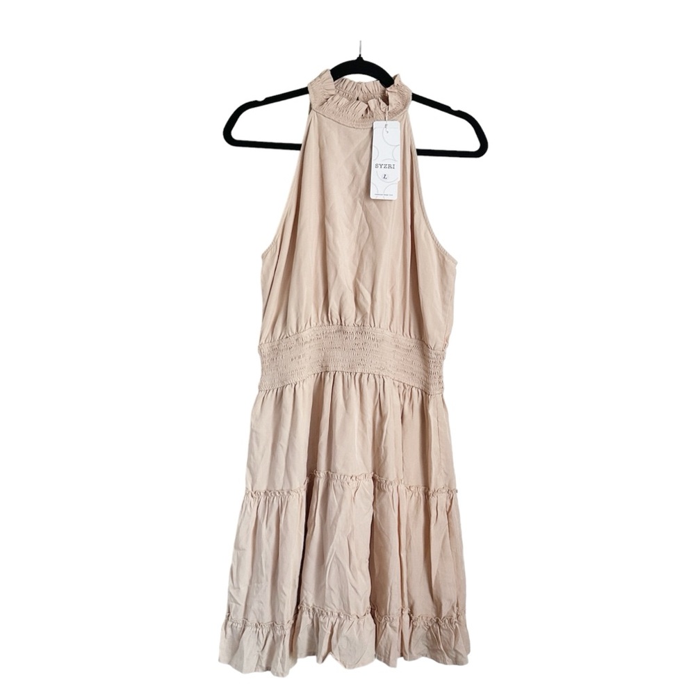 Amazon NWT‎ Taupe Halter Neck Smocked Sleeveless Dress Sz L - Picture 2 of 12